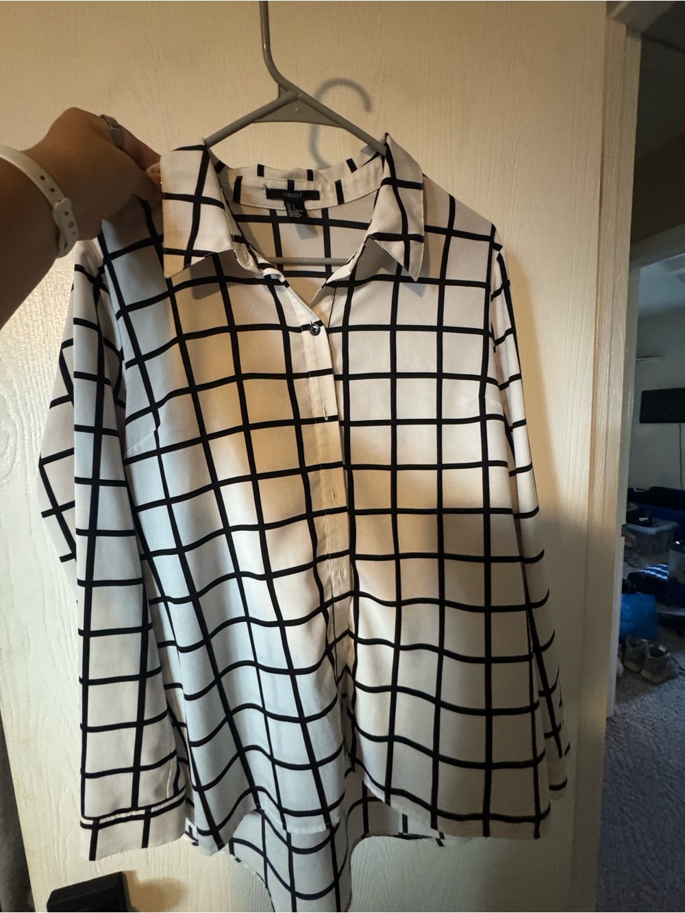Forever 21 White Button-Up with Black Windowpane Grid